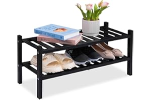 VICTORY RELAX 2 Tier Acacia Wood Shoe Rack, Shoe Storage Shelf, Stackable Organizer for Closet, Entryway Shoe Stand, Hallway, Garage, Wooden Shoe Storage Rack, Indoor, Outdoor (Black)