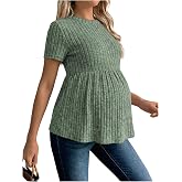 RoseSeek Women's Ribbed Knit Maternity T Shirt Short Sleeve Peplum Tops | Ruffle Hem, Crewneck, Pregnancy Shirts, Elegant Casual Maternity Tops, Regular Fit