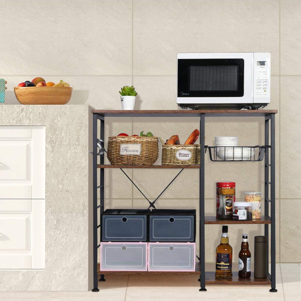 KingSo Industrial Kitchen Baker’s Rack Utility Storage Shelf, Microwave Oven Stand Kitchen Shelf Organizer Work Table with 7 Hooks, Simple Assembly Wood Look - Standing Baker's Racks