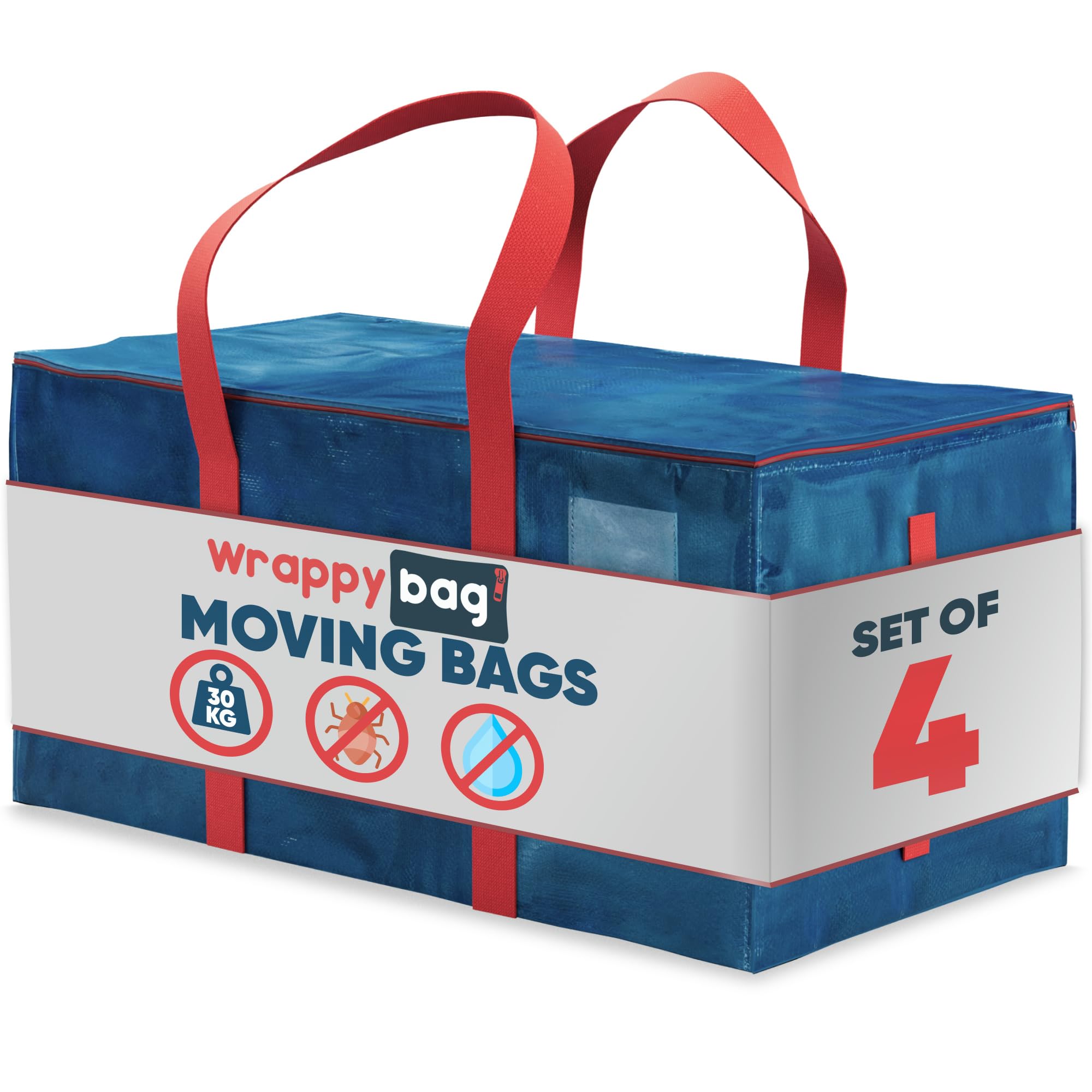 WRAPPYBAG Pack of 4 XXL Storage Bags - Large Size Bag for House Moves or Travel - Solid, Thick and Airtight Bag with Reinforced Handles - Clothes/Duvet/Cushion - 75 x 36 x 38 cm