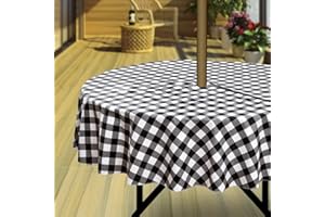 Hipinger Vinyl Round Tablecloth with Zipper and Umbrella Hole, Outdoor Oil Waterproof Stain Resisteant PVC Table Cover for Party, Picnic and Patio 60 Inch Round, White and Black Checkered