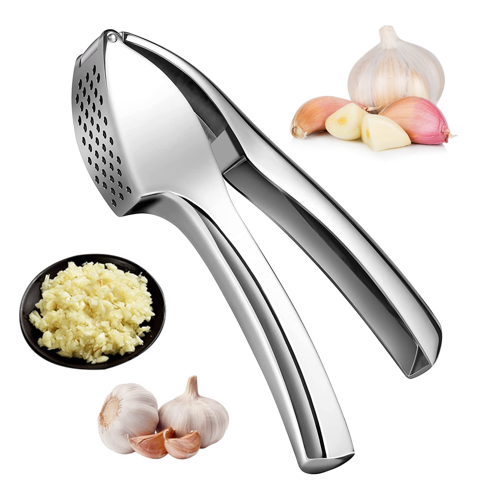 HUTVD Garlic Press Stainless Steel Professional Kitchen Garlic Press with Handle Ginger Chopper Easy Clean for Kitchen and Home