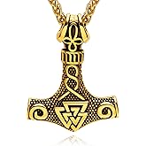 Hoyazvet Viking Thor's Hammer Necklace for Men, 18K Gold/Black/Stainless Steel Mjolnir Amulet Pendant Norse Pagan Compass Nordic Viking Jewelry, with Gift Box