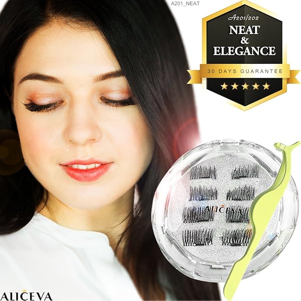 Aliceva Magnetic Eyelashes x8 [Neat & Elegance] for Natural Look - New Premium Magnet Quality / Best 3D False Reusable Eyelash 8 piece + Magnet Dot Case + Metal Eyelash Tweezers [A201/202]
