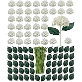 YFLIUBAI 100 Pack Artificial White Hydrangea Flowers with Leaves, 6 Inch Silk Flower Heads, DIY Mother's Day Wedding Decor Set with 200 Leaves, 100 Stems