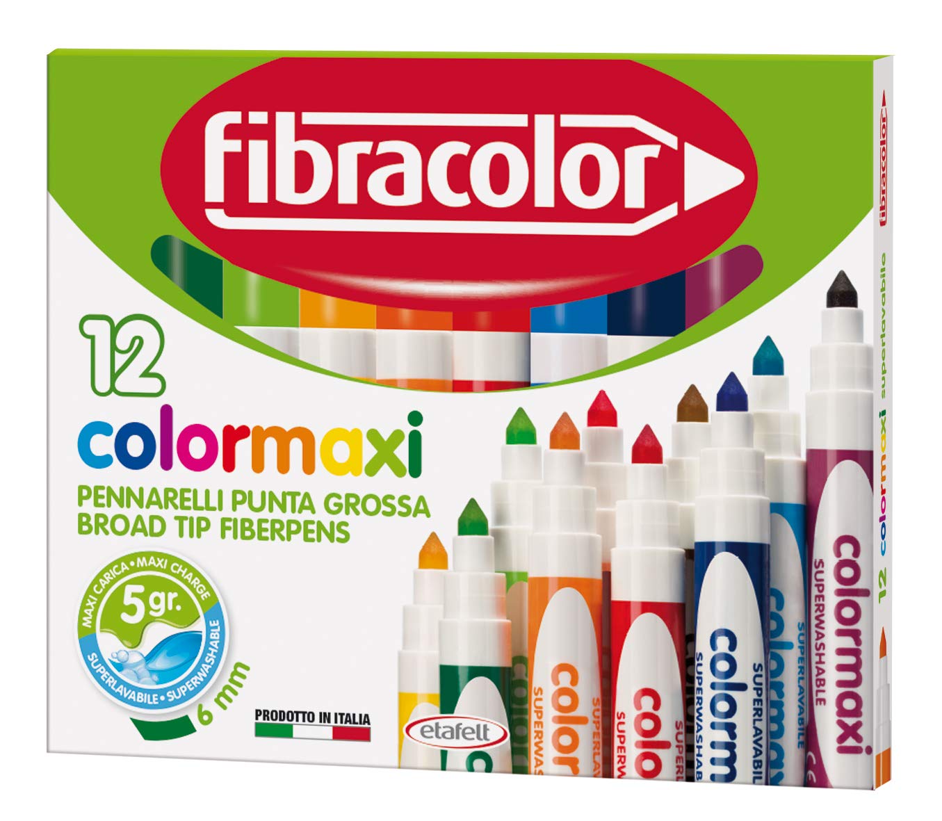 FIBRACOLOR Colormaxi Super Washable Broad Tapered Tip Markers - Pack of 12