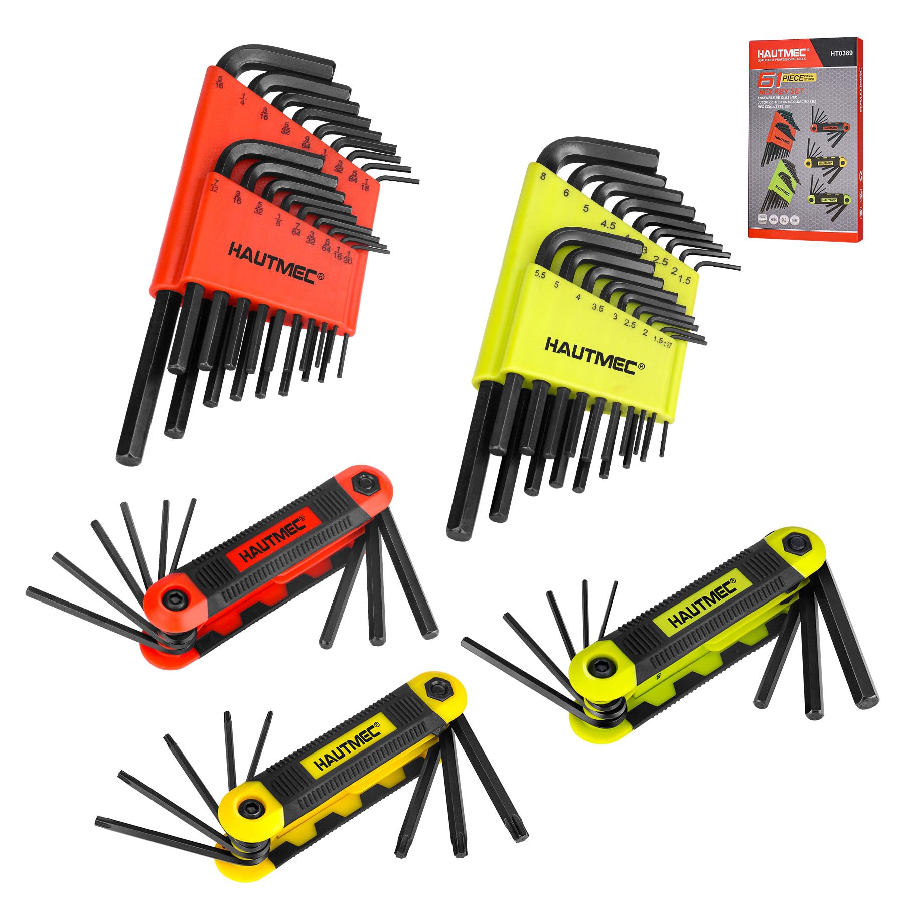 HAUTMEC 61PCS Folding Allen Wrenches Sets, Includes Folding Hex Key and Standard Hex Allen Key Set, Metric/SAE/Torx, CR-V Steel, for General Applications, HT0389-UK