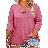 Beautife Womens Plus Size 3/4 Sleeve Tops Summer Casual Criss Cross V Neck T-Shirts Loose Fit Tees Tunic Shirts