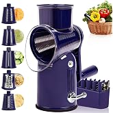 Rotary Cheese Grater with Handle, 5 Replaceable Blades(Purple) | Strong Suction Base, Round Food Slicer &amp; Chopper for Kitchen Fruit Vegetables Nuts with Blade Storage Box