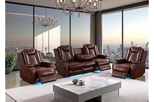 TOSESLO Power Recliner Sofa Set with LED Light,Living Room Furniture Sets,Brown Leather Sofa and 2 Chairs Set, Modern Power Reclining Sets with Cup Holder/Storage Console for House