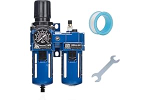 NEWPO 1/2" Compressed Air Filter Regulator Lubricator Combo with Pressure Gauge,5 Micron Brass Filter Cartridge, Semi-Auto Drain, Metal Bracket-Blue