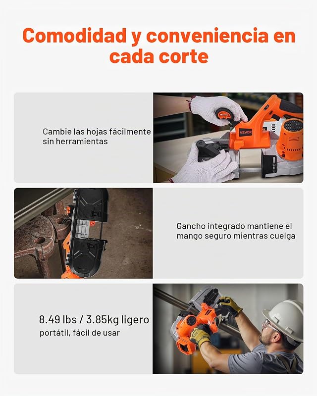 Serra de fita portátil, motor sem escovas de corte profundo de 65 mm de 360 W sem fios e serra de fita compacta com ganchos, velocidade variável de 0 a 192 m/min para corte de metal e madeira
