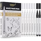 PANDAFLY White Paint Pens, 8 Pack 0.7mm Acrylic Permanent Marker 6 White With 2 Black Paint Pens for Wood Rock Plastic Leathe