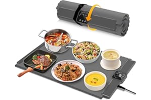 PURECHO Silicone Electric Warming Tray for Food: Foldable Roll up Food Warmers for Parties Buffet with 5 Temperature Settings - Portable Fast Heating Mat for Restaurants, Home Everyday Use-Grey