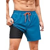 SILKWORLD Men's Swim Trunks Quick Dry Bathing Suits 6 Inch Swimming Shorts with Compression Liner and Zipper Pockets