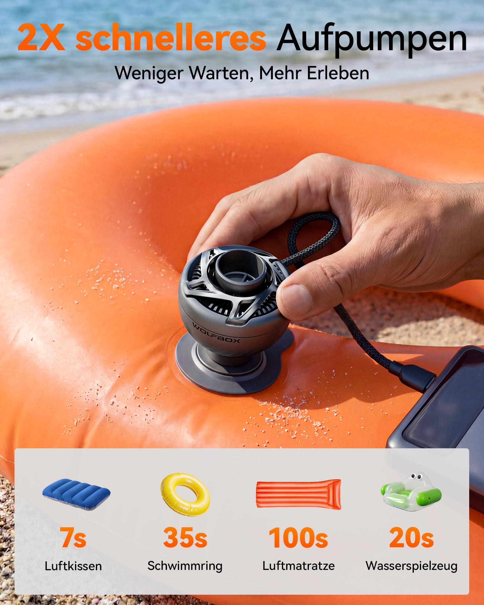 WOLFBOX MFmini Elektrische Luftpumpe, Mini USB Luftpumpe für Luftmatratze ohne Akku 32g Ultraleicht, 4,5KPA Tragbare Elektrische Pumpe 2 in 1 Aufblasen Absaugen mit 5 Düsen, Camping Schwimmring Pool 4