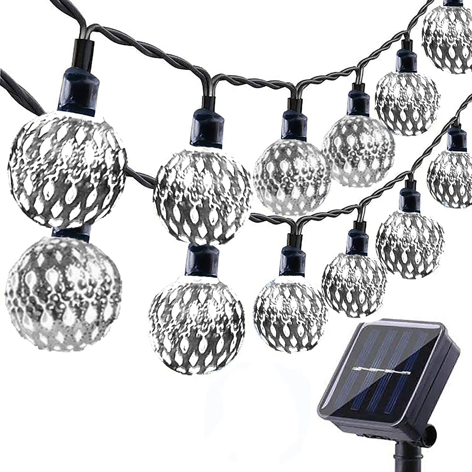 KINGCOO Silver Moroccan Orb String Light, Waterproof 20LED Goble Lantern Solar Dazzling Moroccan Fairy Light with 8 Mode Ambiance Lighting for Outdoor Garden Yard Party Christmas Decorations (White)