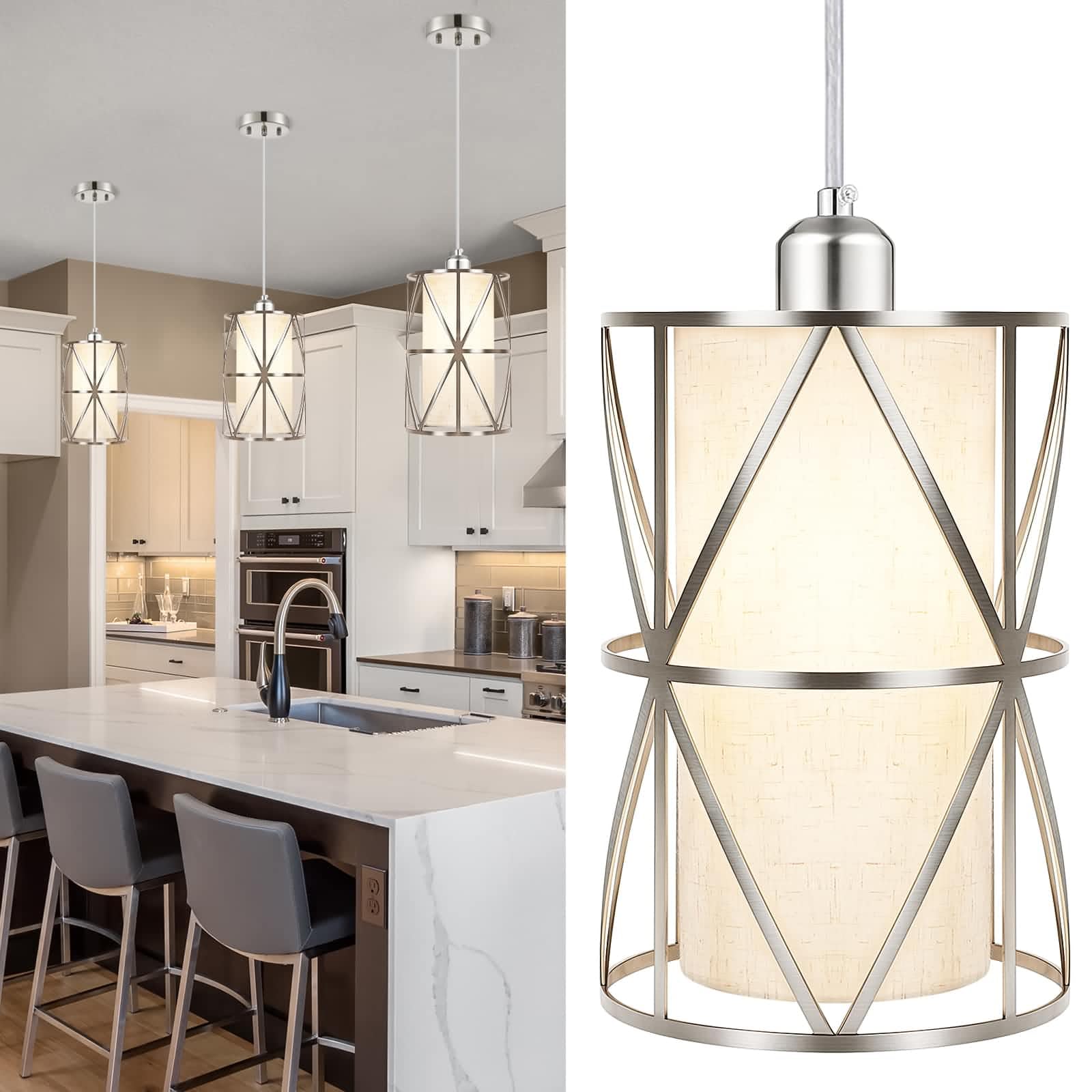 Photo 1 of Zlierop 7"×10" Modern Pendant Lights Kitchen Island - Adjustable Height Brushed Nickel Kitchen Pendant Lights with Linen Shade, UL Certified Pendant Lighting for Dining Room, Entryway