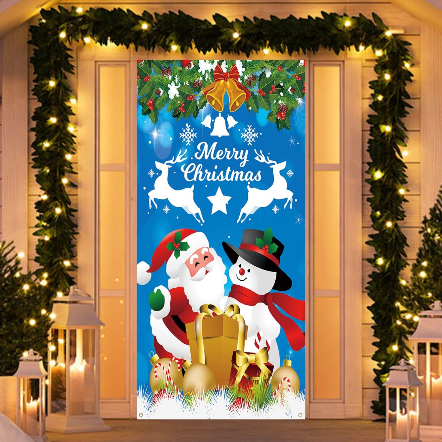 Merry Christmas Door Cover Decoration, Blue Santa Snowman Christmas Door Hanging Banner Backdrop, Fabric Xmas Door Cover Backdrop Background for Xmas Door Decoration Party Supplie