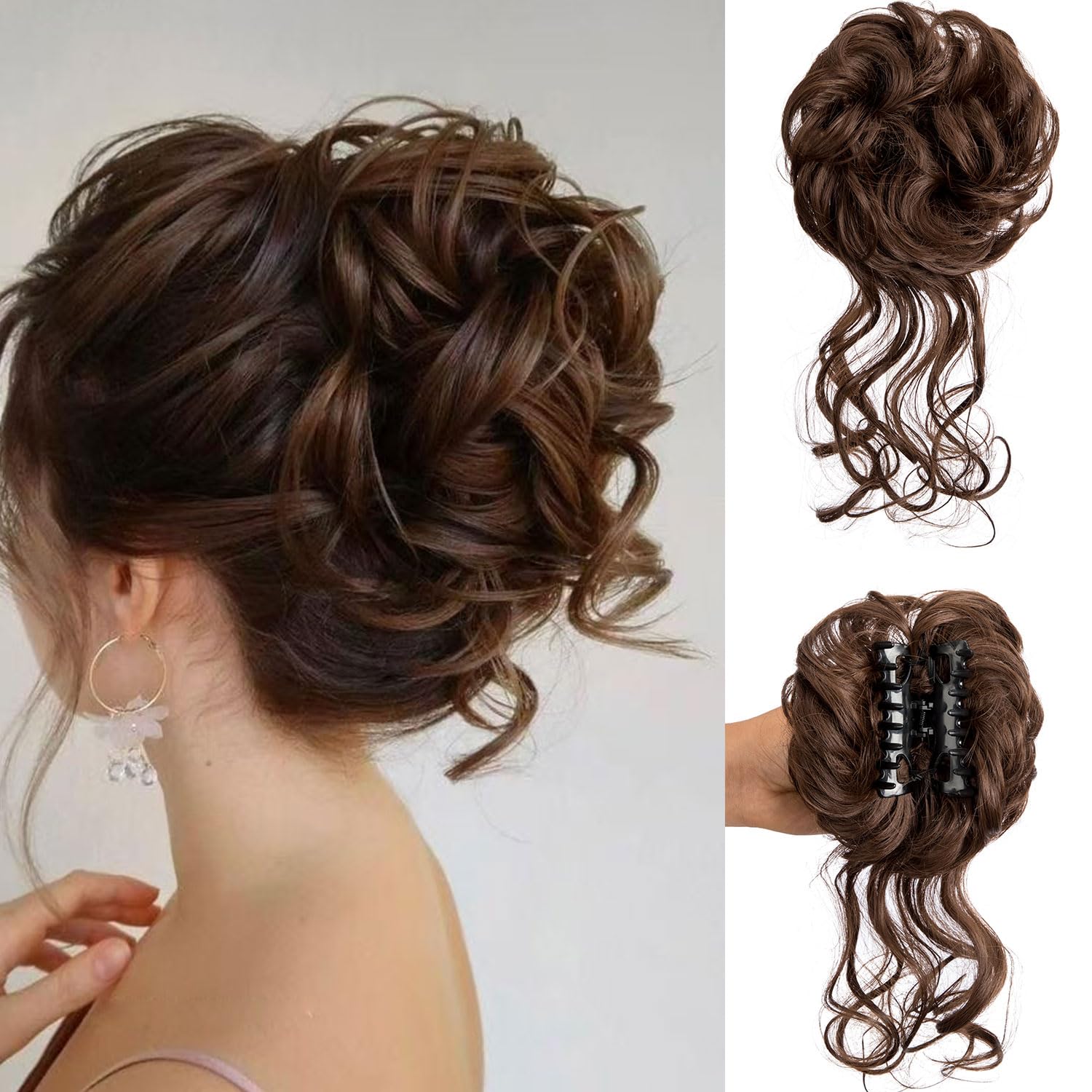 Claw Clip Messy Bun Hair Piece - Tousled Updo Extension With Elastic Band for Women - Curly Hair Scrunchie (Medium Brown)