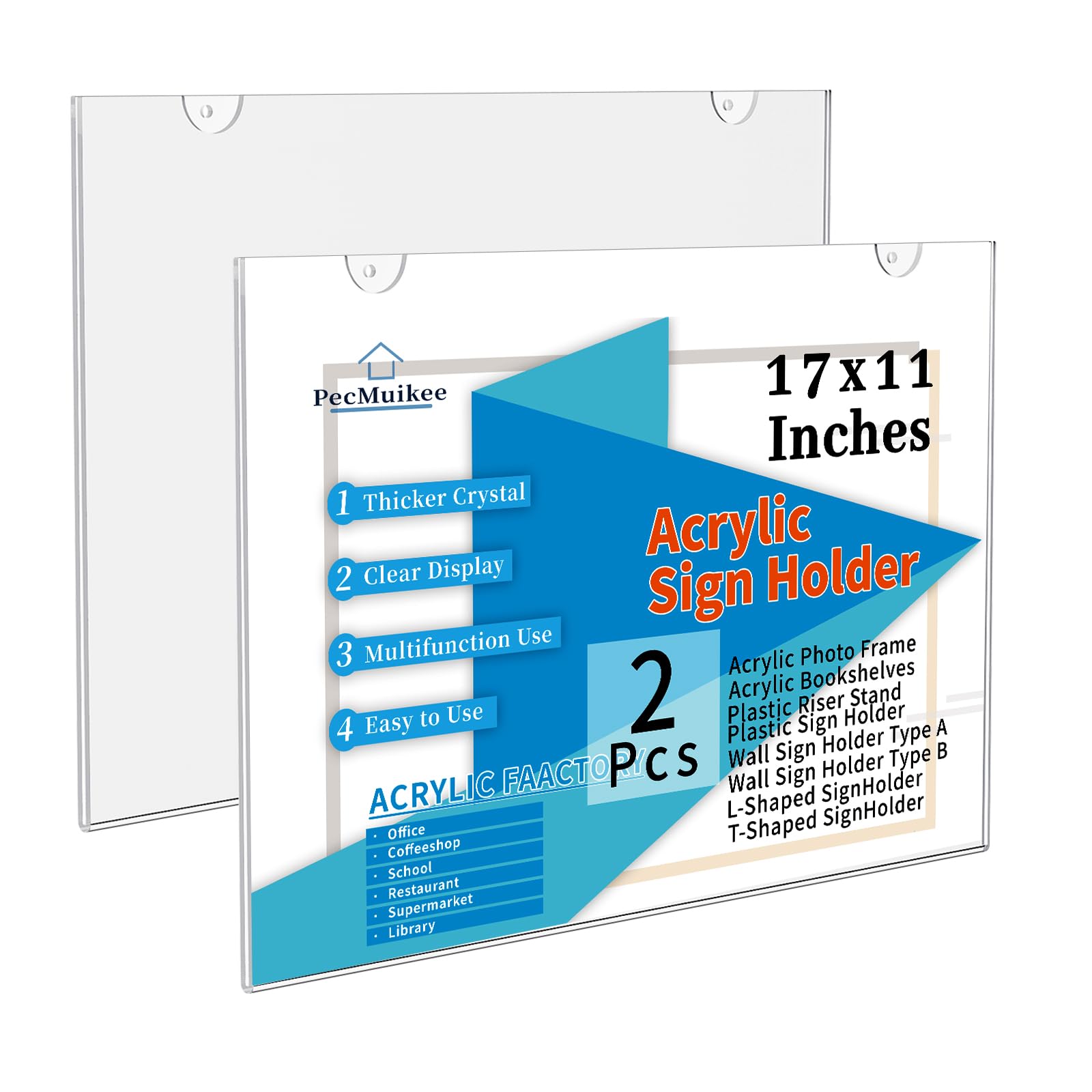 Photo 1 of PecMuikee Acrylic Sign Holder 17 x 11 Inch, Wall Mount Sign Holders Clear Plastic Picture Frame with Adhesive Tapes and Mounting Screws for Office, Home, Store, Restaurant, Landscape, 2 Pack