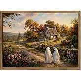 Vintage Framed Ghost Halloween Wall Art, Cottagecore Fall Landscape Wall Decor, Cute Ghost Canvas Print Painting Pictures, Rustic Farmhouse Decor for Living Room Bedroom 8x10in