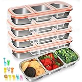 JUJOJB Snack Containers, 4 Pack Stainless Steel Bento Box With Lids,Leak Proof Metal Lunch Box with 3 Compartments,Reusable Lunch Meal Prep Containers for office,Work,Travel For Adults Little One