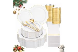 WDF 350PCS White and Gold Plastic Plates - Gold Plates Disposable 50Guest Plastic Dinnerware Ideal for Party/Wedding/Birthday/Christmas