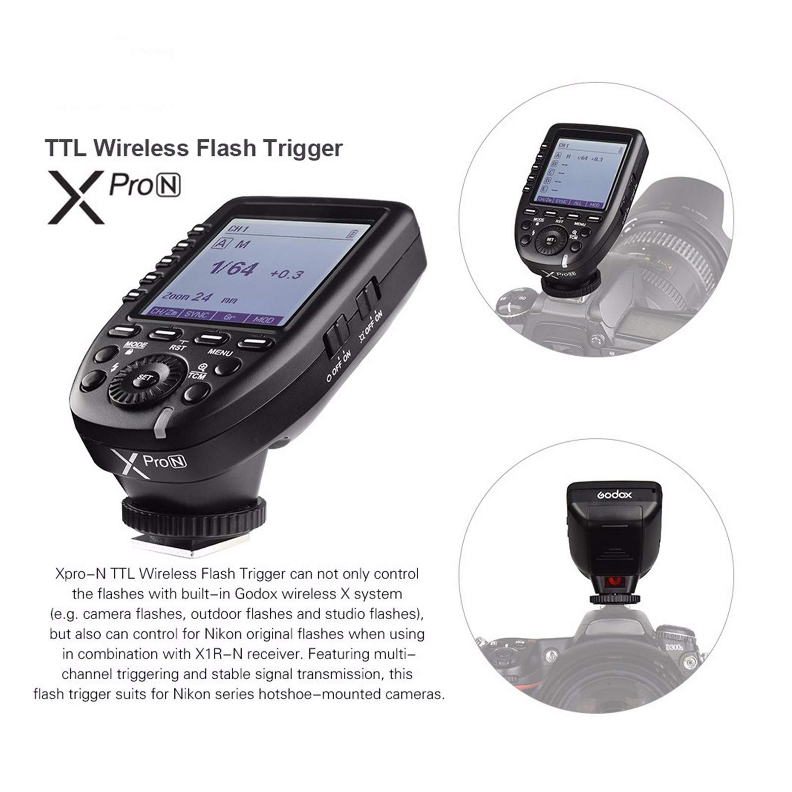 Godox XPro-N i-TTL 2.4G 1/8000s Wireless Flash Trigger Transmitter 16 Groups and 32 Channels for Nikon Hotshoe Camera Flash TT350N V350N TT685N V860 V850 AD200 AD400Pro AD600 Pro AD600