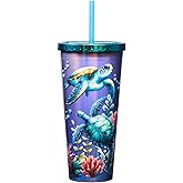 Spoontiques - Acrylic Foil Cup with Straw - 20 oz - Metallic Locking Lid with Straw - Double Wall Insulated - BPA Free - Sea Turtle Foil Cup