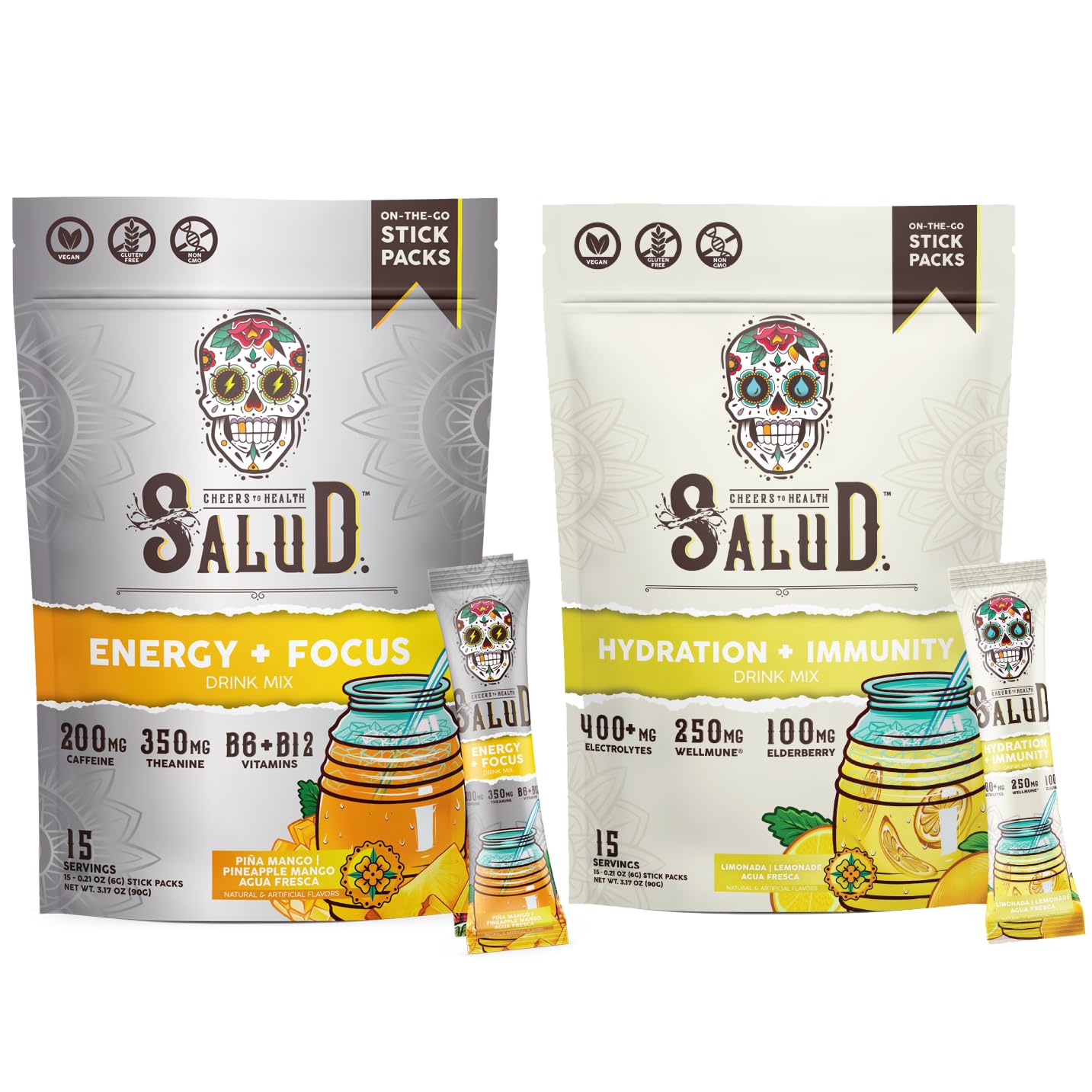 Salud 2-Pack |2-in-1 Energy + Focus (Pineapple Mango) & Hydration + Immunity (Lemonade) – 15 Servings Each, Agua Fresca Drink Mix, Non-GMO, Gluten Free, Vegan, Low Calorie, 1g of Sugar