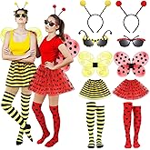 Maiteenly 10 Pcs Halloween Bee and Ladybug Costume Set for Adults Include Tutu Skirt Wings Headband Glasses Knee High Socks for Women Bug Insect Party Halloween Cosplay Ladybug Bee Accessories
