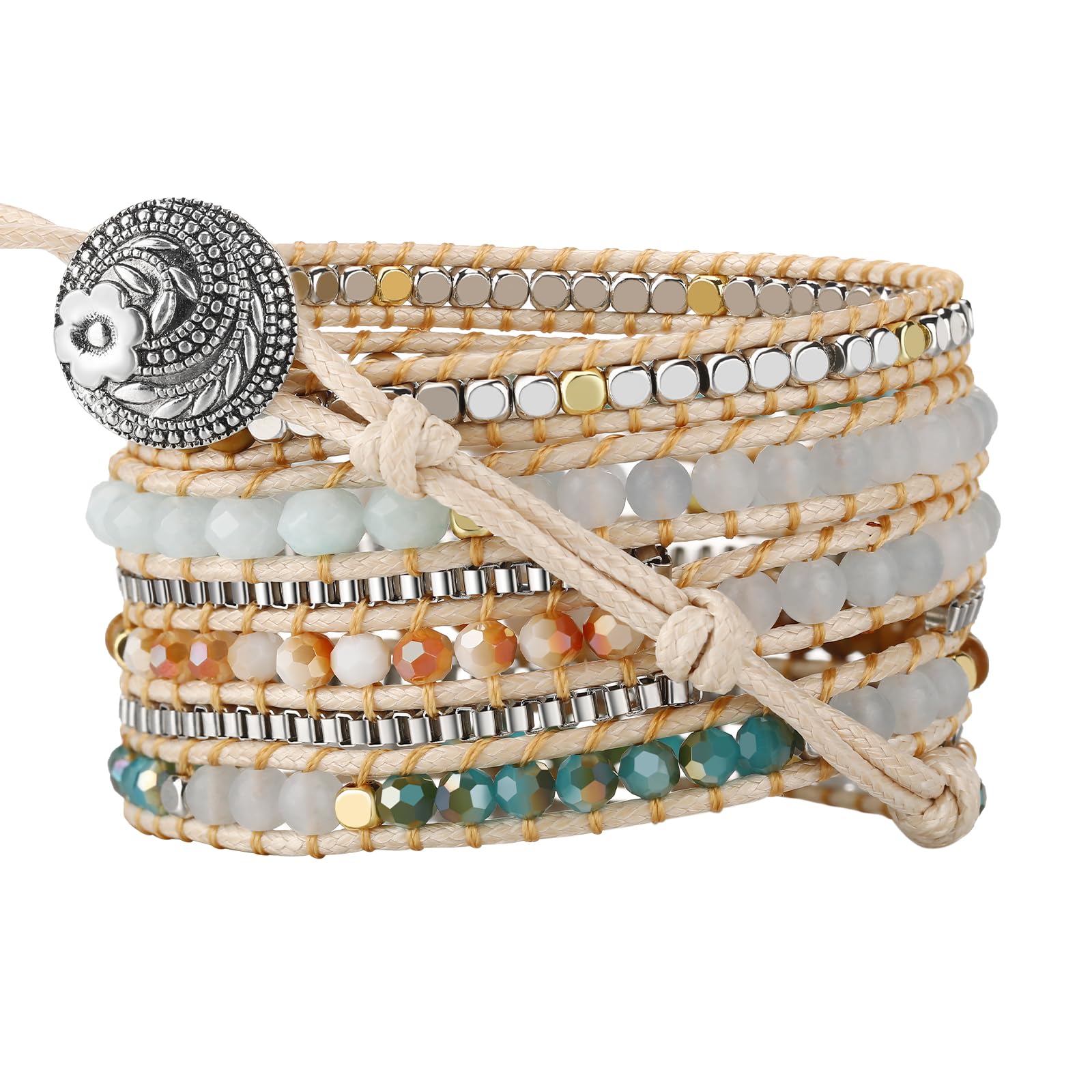 PLTGOOD Boho 5 Wrap Bead Bracelet for Men Women - Handmade Adjustable Chakras Stone Beads Bracelet Cuff Rope Yoga Healing Bracelet Bangle