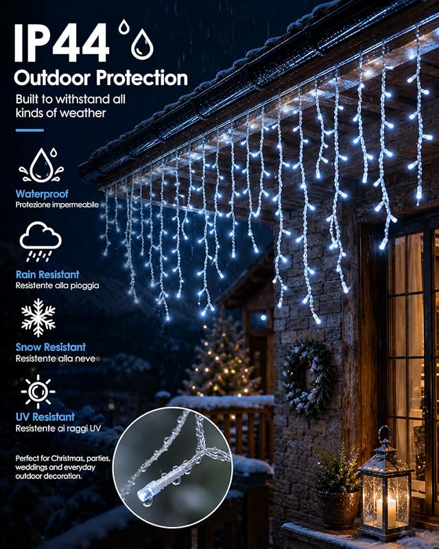 Guirlande Noël Exterieur 10m 400 LED, Rideau Lumineux Exterieur Blanc Froid,8 Modes avec Télécommande RF, Minuterie, 4 Niveaux de Luminosité, Idéal pour Jardin, Patio, Fête Noël [Classe énergétique E] — photo 2 sur 7