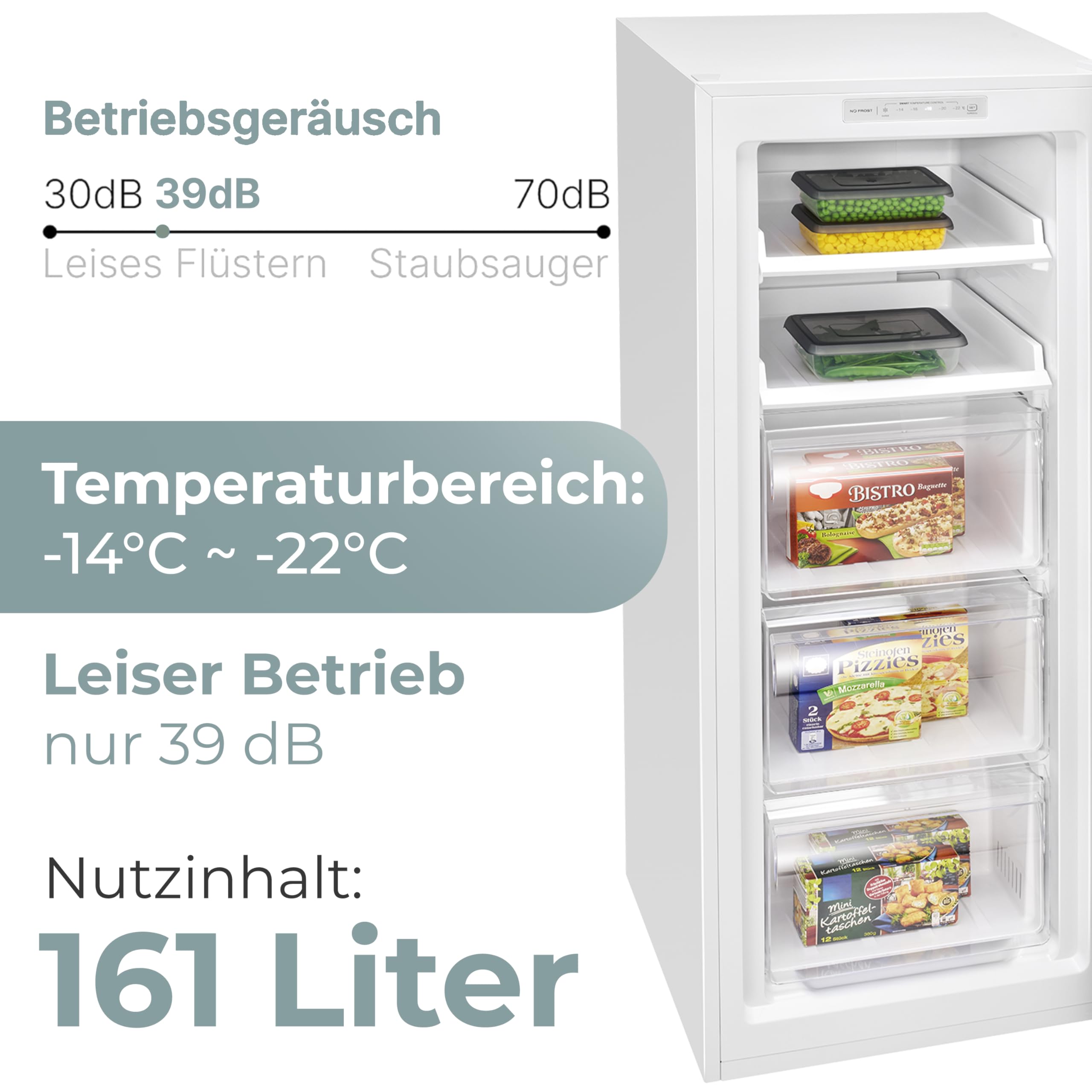 Clatronic® Gefrierschrank Nofrost | Energieklasse C | 143cm | Tiefkühlschrank | MultiAirflow | leise 39dB | bis zu -18°C | Türanschlag wechselbar | 161L Freezer | Gefrierschrank gross GS 200 weiß 7