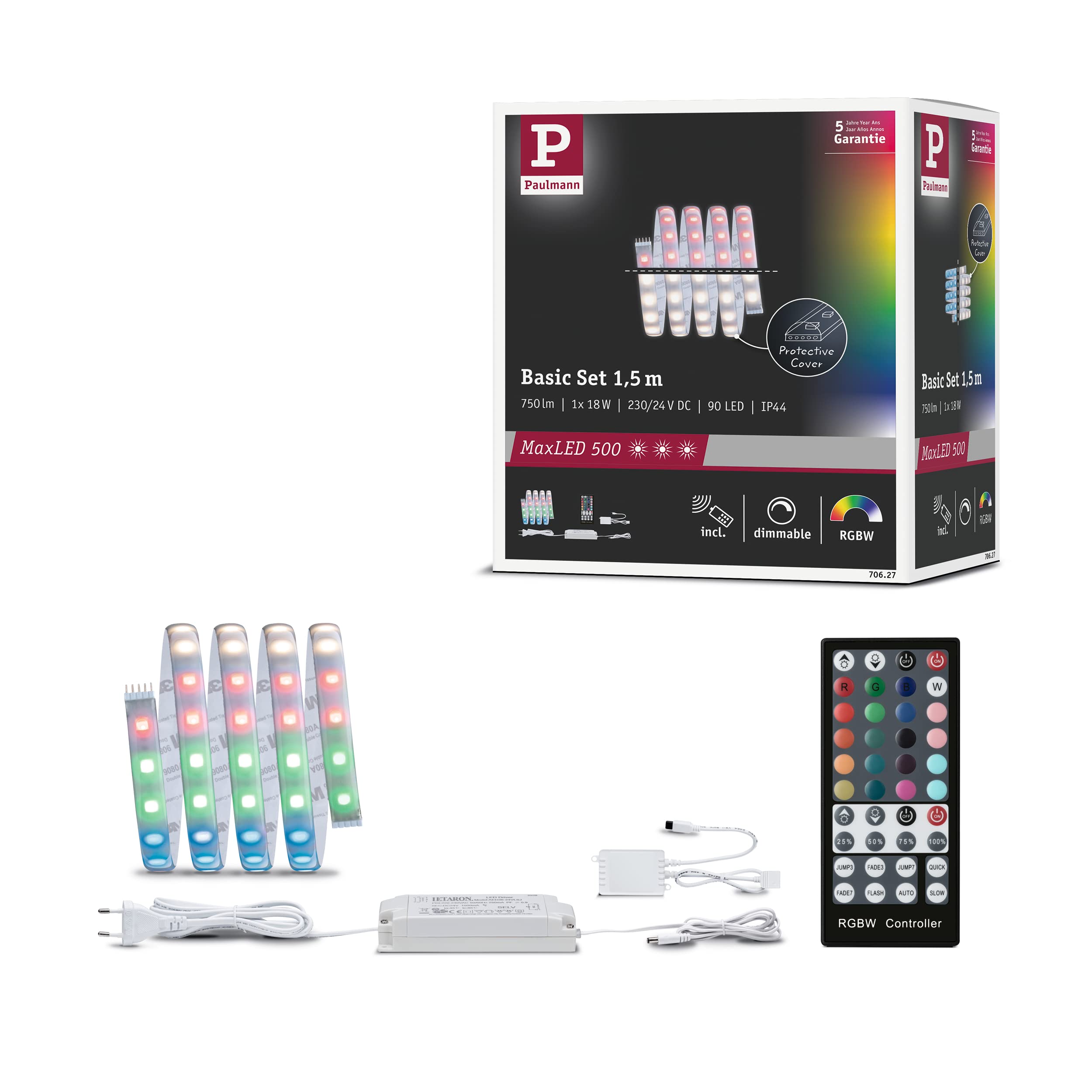 Paulmann 70627 MaxLED RGBW Basic Set LED Strip Coated LED Stripe 15 m Lighting Strip 18W Light Strip with Colour-Change Function incl. Remote Control