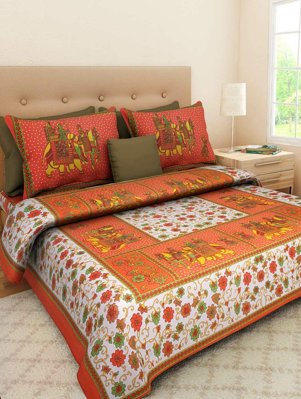 Orange Bedsheets and White Color Bedsheets 144 TC Cotton King Applique