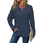 WNEEDU Hoodies for Women Waffle Knit Tunic Tops - Long Sleeve V Neck Casual Pullover Drawstring Hooded Sweatshirt