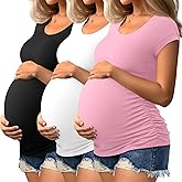 Ficerd 3 Pack Women's Maternity Shirts Cap Sleeve Pregnancy Tunic Tops Crew Neck Side Ruched Tee Summer Mama Clothes