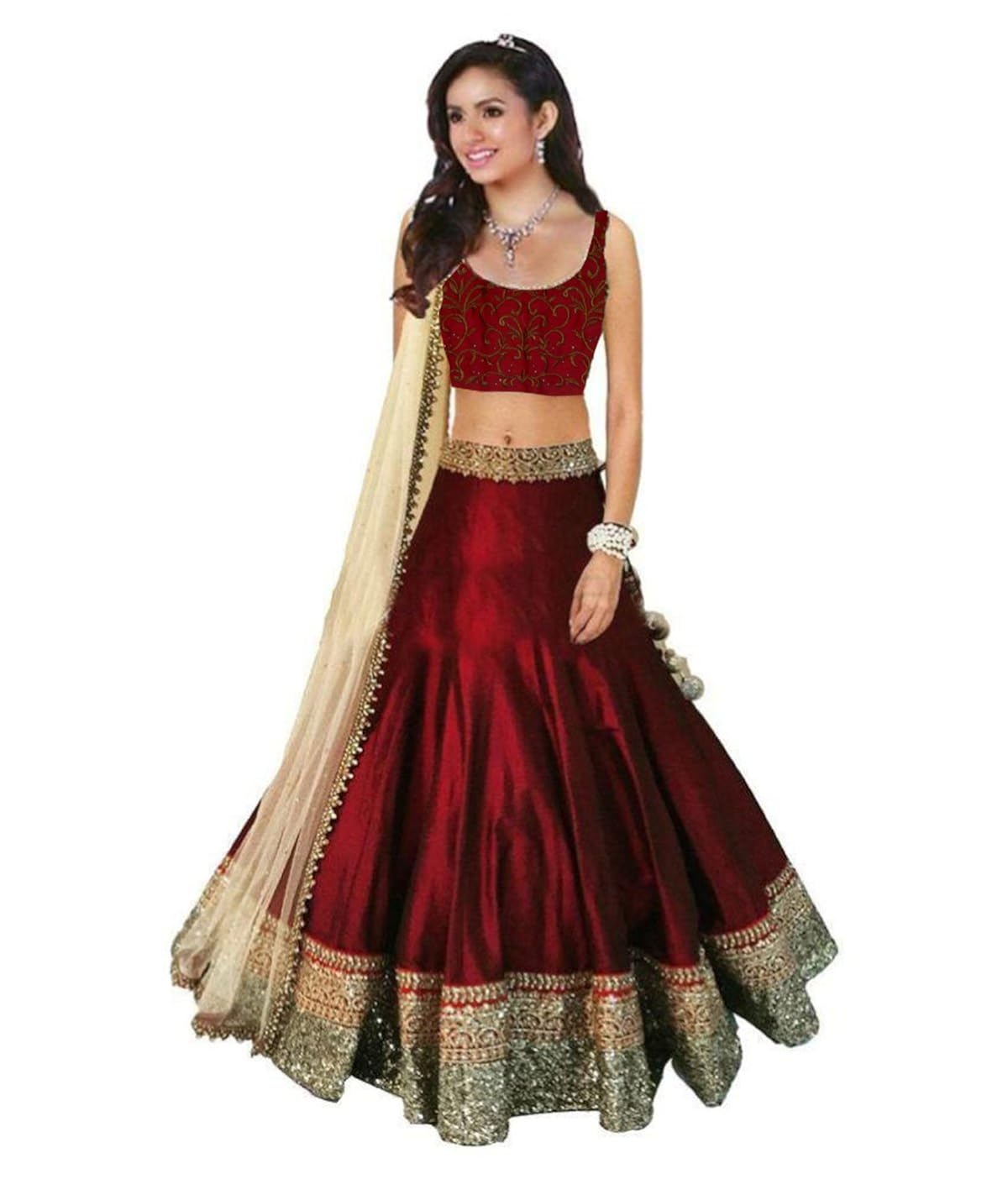 v-art women's banglori silk lehenga choli, free size (maroon)