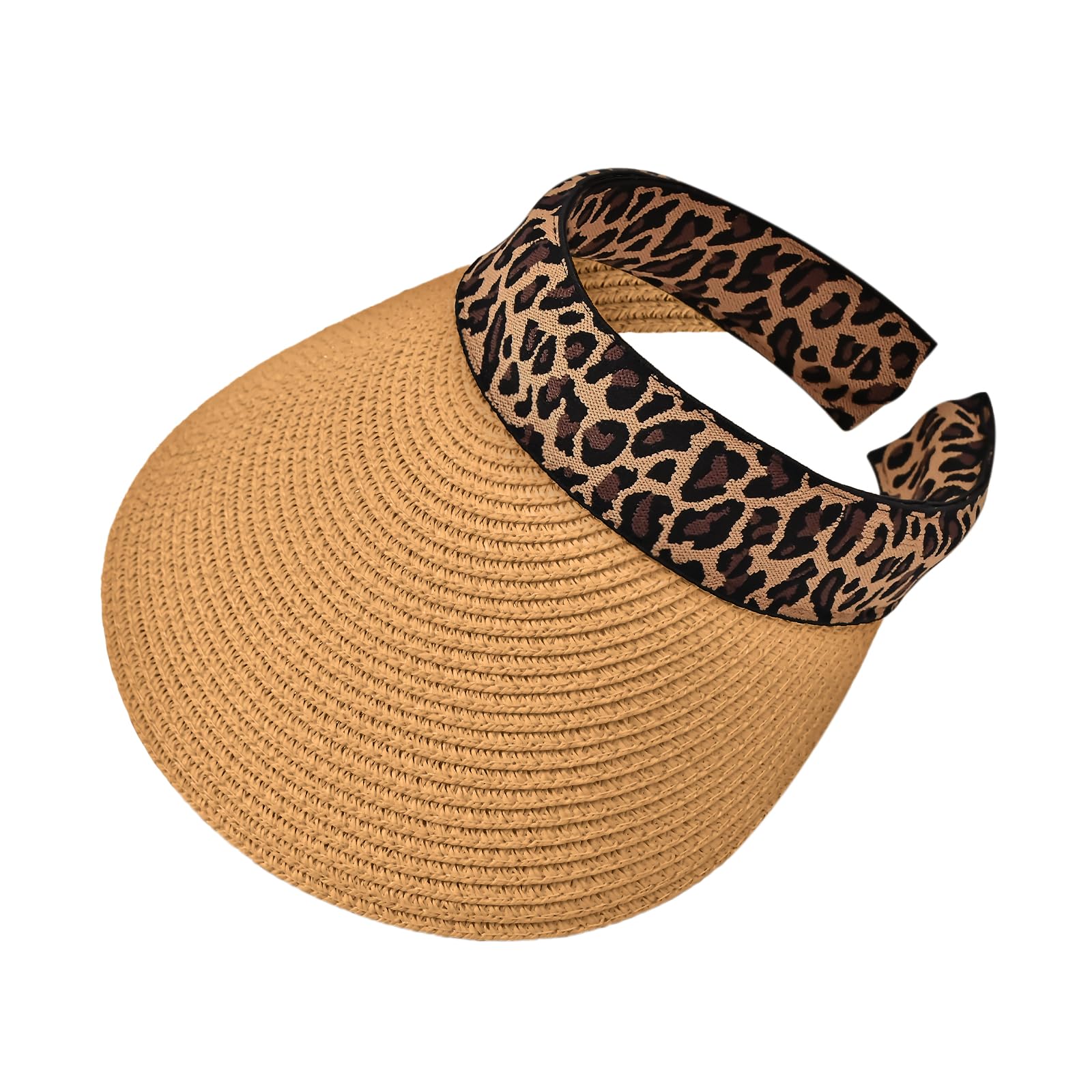 Photo 1 of Yonchic Leopard Print Sun Visor, Ladies Ponytail Wide Brim Straw Headband Visors, Summer Beach Travel Shade Hat with UV Protection for Women (Khaki)