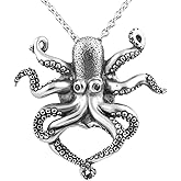 Controse Silver-Toned Stainless Steel Black eyed Octopus Necklace with Pendant (18" - 20" Adjustable Chain)