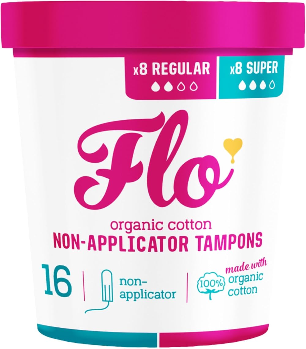 FLO Organic Cotton Non-Applicator Tampons Combo Pack 16 Tampons 8 Regular 8