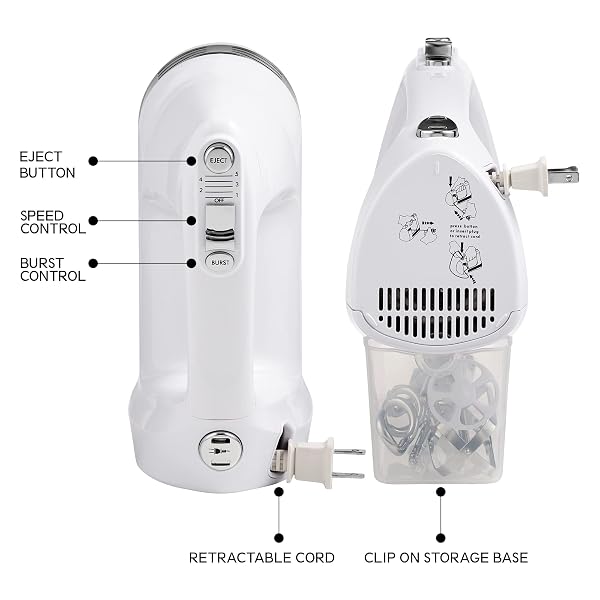 KENMORE 5-SPEED HAND MIXER/BLENDER, 250 WATTS, WITH BEATERS, DOUGH HOOKS, LIQUID BLENDING ROD, AUTOMATIC CORD RETRACT, BURST CONTROL, AND CLIP-ON ACCESSORY STORAGE
