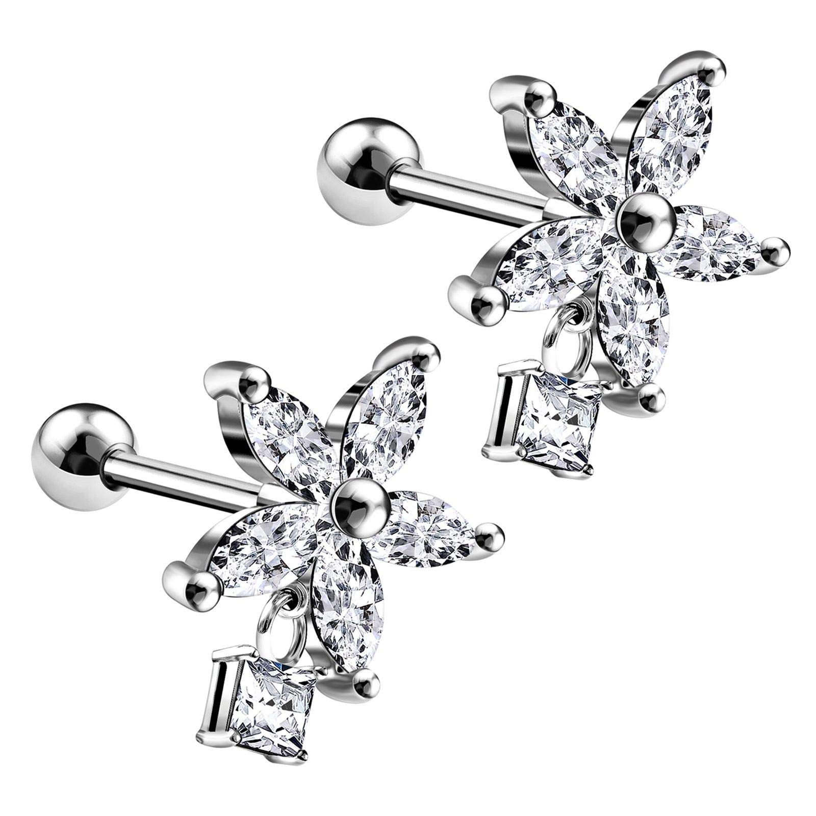BanaVega 2PCS Surgical Steel Flower with Hanging Clear CZ Stone 16g 1/4 6mm Tragus Cartilage Helix Earrings Piercing Jewellery 5694