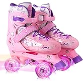 Rainbow Toddler Roller Skates - Size 4 Adjustable | Light Up Quad Skates for Girls & Boys Beginners Aged 3-12