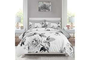 Drucon Grey Floral Comforter Set Queen 7 Pieces Bed in a Bag Botanical Floral Comforter Soft Microfiber Grey Bedding Set Queen Size Bed with Sheet and Pillowcase