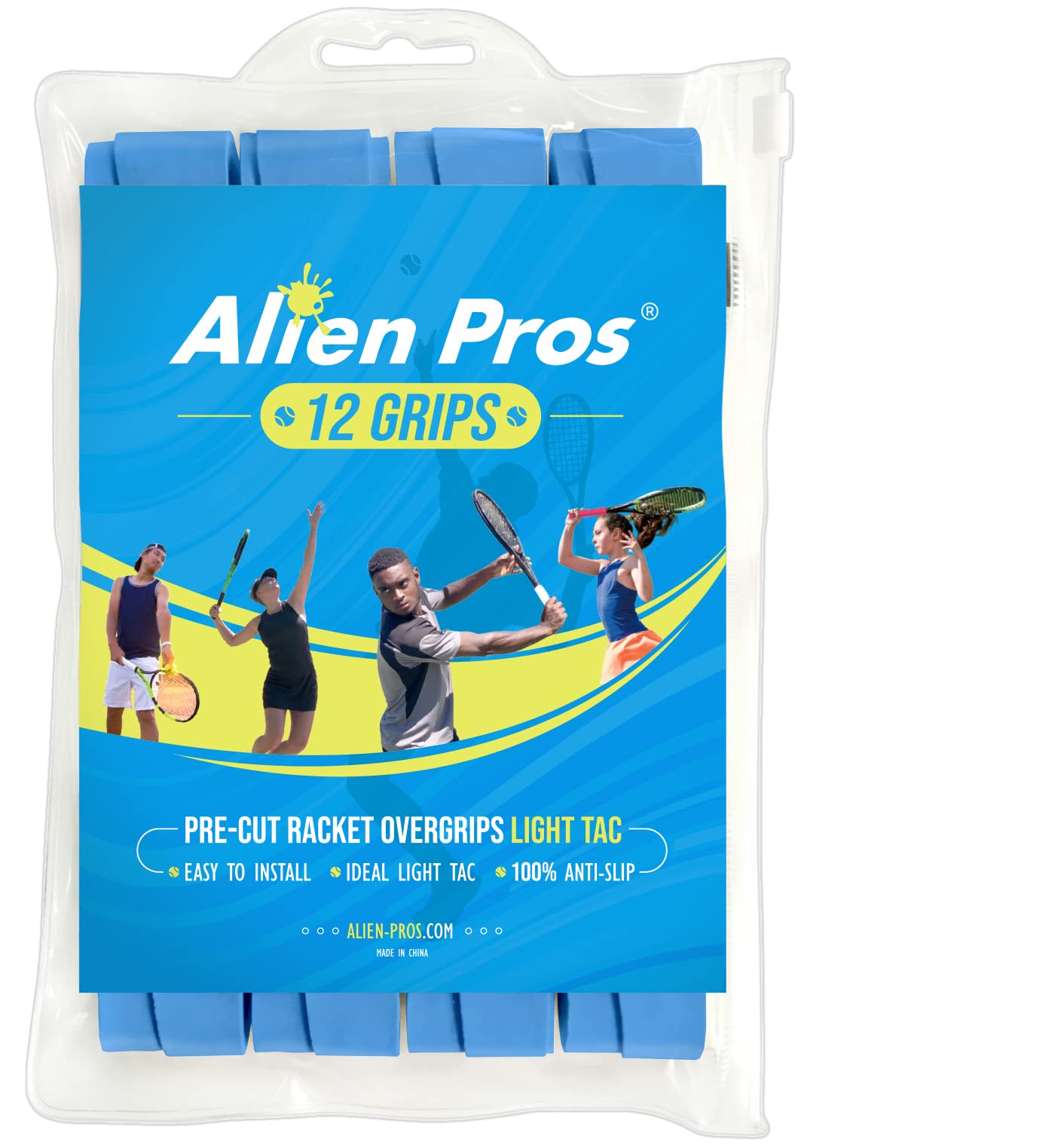 Alien Pros Tennis Racket Grip Tape (12 Grips) – Precut and Light Tac Feel Tennis Grip – Tennis Overgrip Grip Tape Tennis Racket – Wrap Your Racquet for High Performance (12 Grips, Blue)