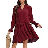 MISMI Womens Fall Long Sleeve Tunic Dress Casual V Neck Loose Ruffle Tiered Dress Wine Red Large