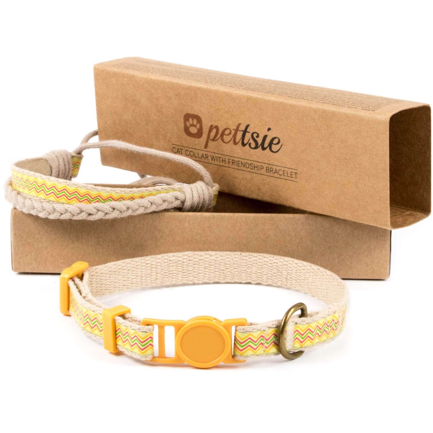 Pettsie Breakaway Kitten Collar & Matching Bracelet, Adjustable Safety Collar for Kittens, Soft Cotton, Lightweight, Stylish Design, Yellow